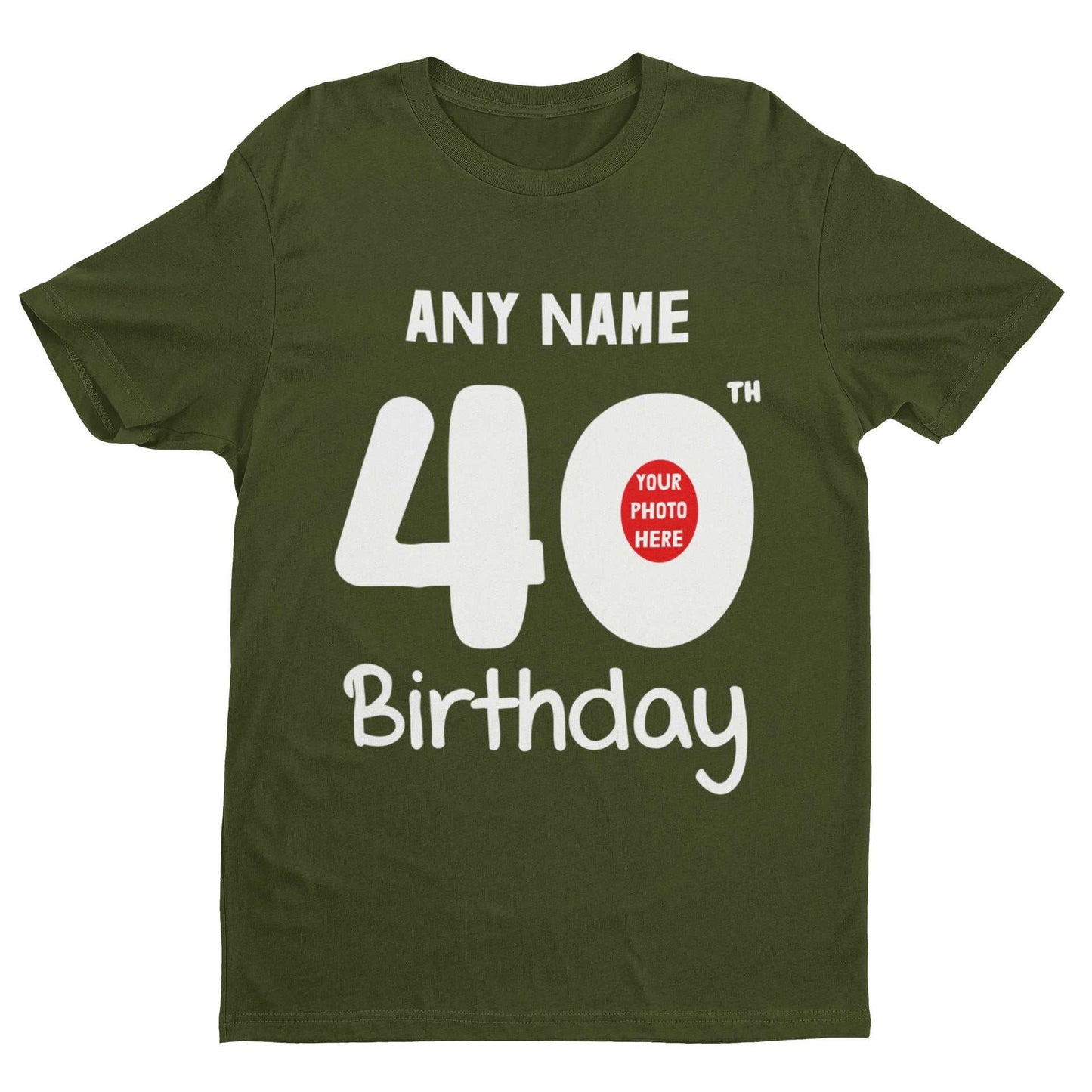 Personalised 40th birthday t-shirt with custom name and photo for milestone celebration.