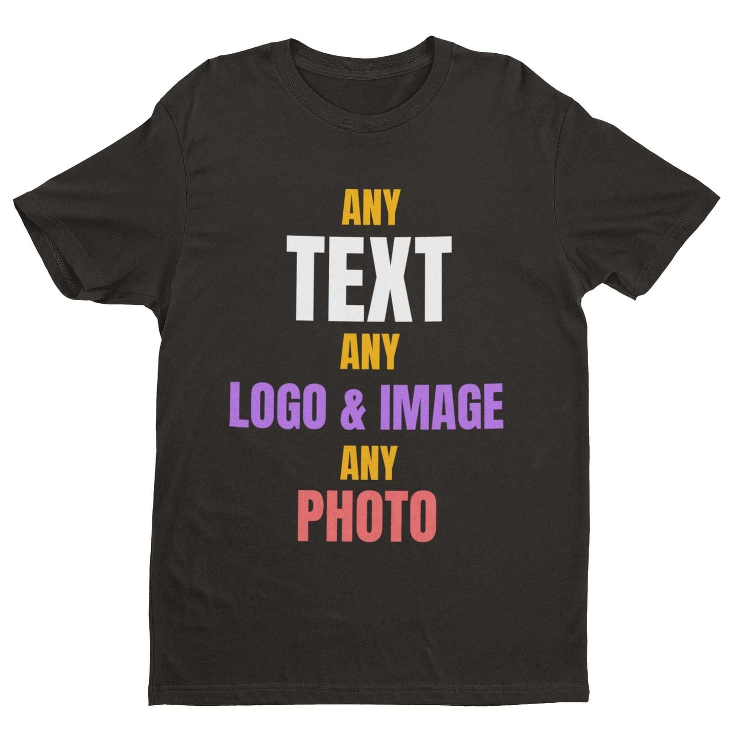 Custom t-shirt with design options for text, logo, and images, front print.