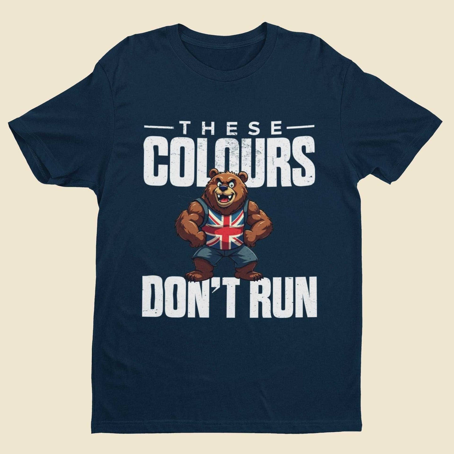 Union Jack bear graphic t-shirt with "These Colours Don’t Run" text, patriotic UK design.