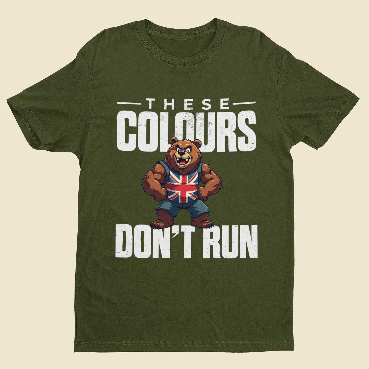 Patriotic UK T-shirt with cartoon bear in Union Jack, "These Colours Don't Run" design.