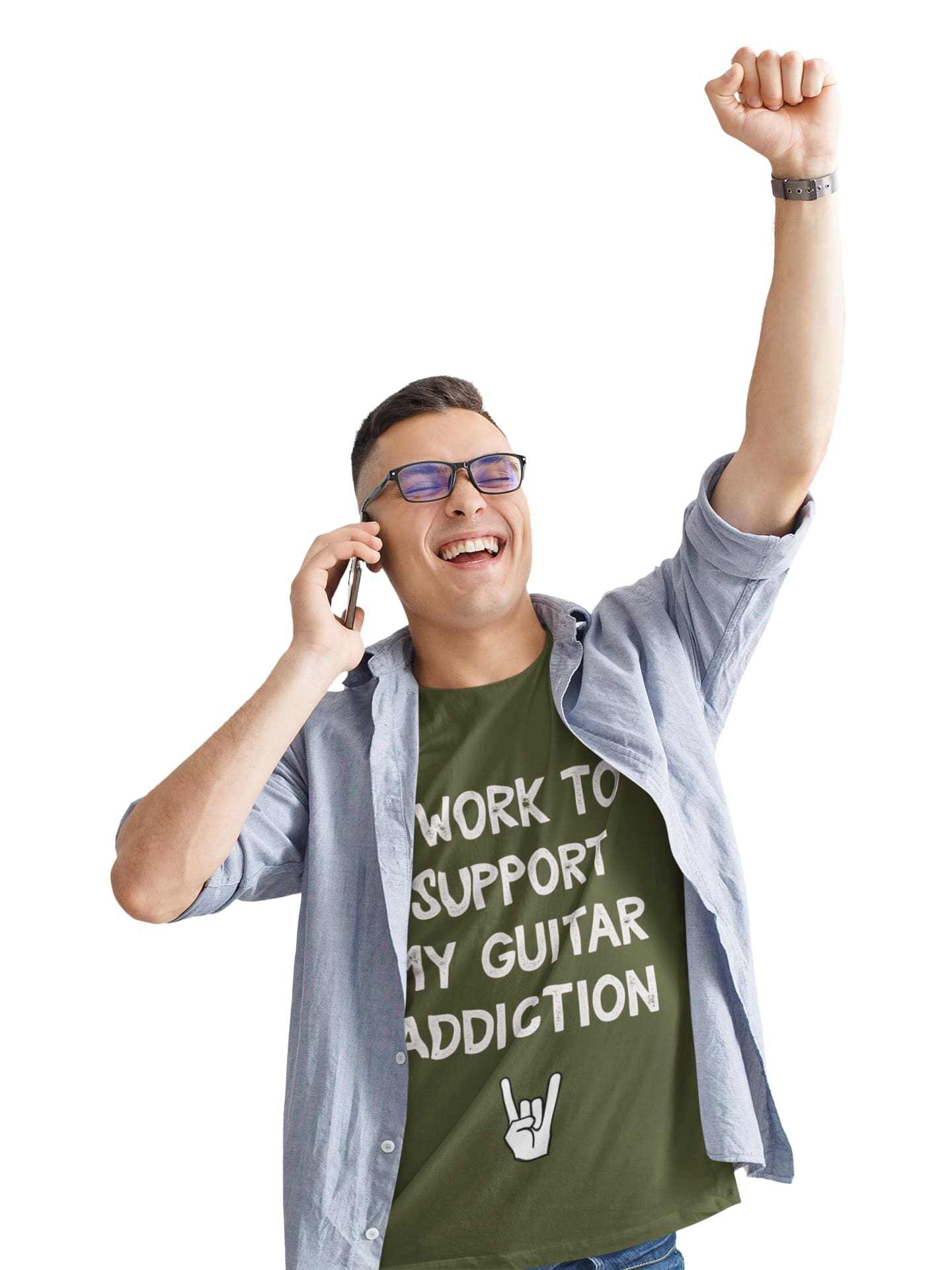 Funny T-shirt with "I Only Work to Support My Guitar Addiction" slogan for guitarists.