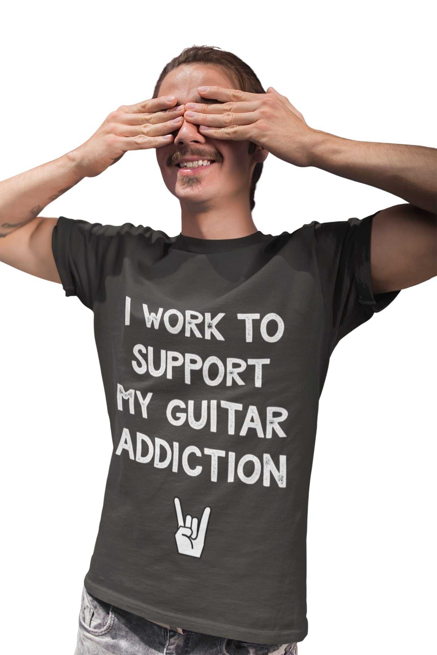 Funny guitarist gift novelty t-shirt with "I Work to Support My Guitar Addiction" text.