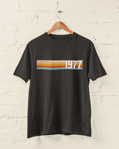 Black Established 1977 retro stripe T-shirt – 50th birthday gift for 2027