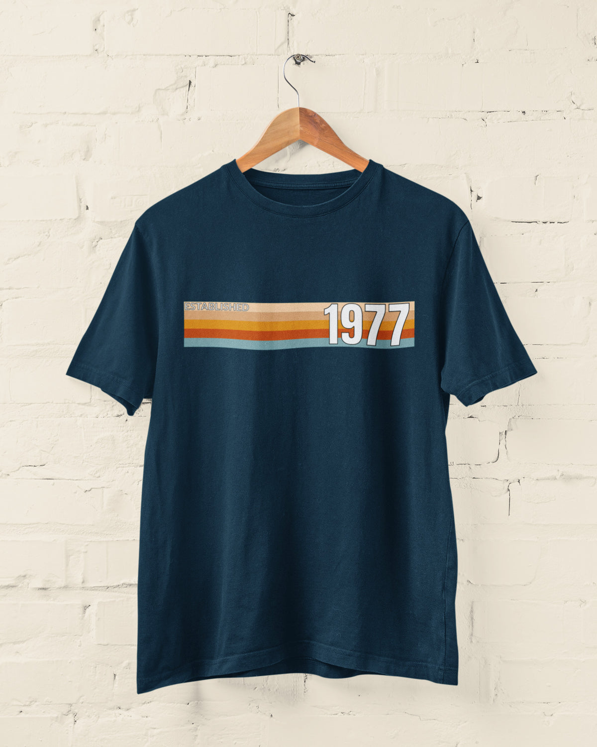 Navy Established 1977 retro stripe T-shirt – 50th birthday gift for 2027