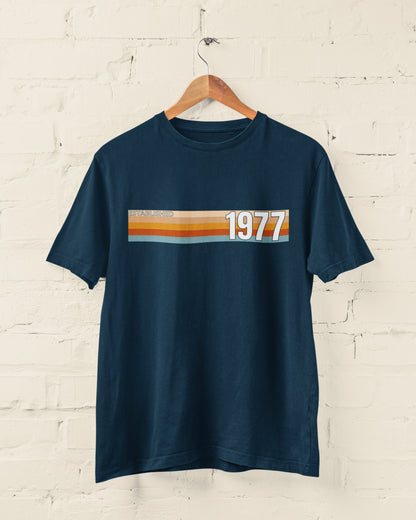 Navy Established 1977 retro stripe T-shirt – 50th birthday gift for 2027