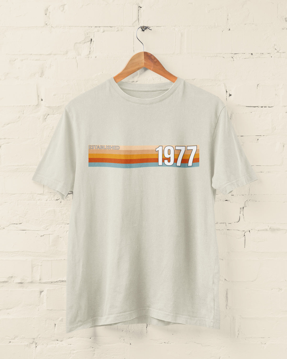 Beige Established 1977 retro stripe T-shirt – 50th birthday gift for 2027
