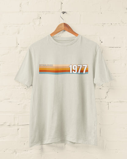 Beige Established 1977 retro stripe T-shirt – 50th birthday gift for 2027