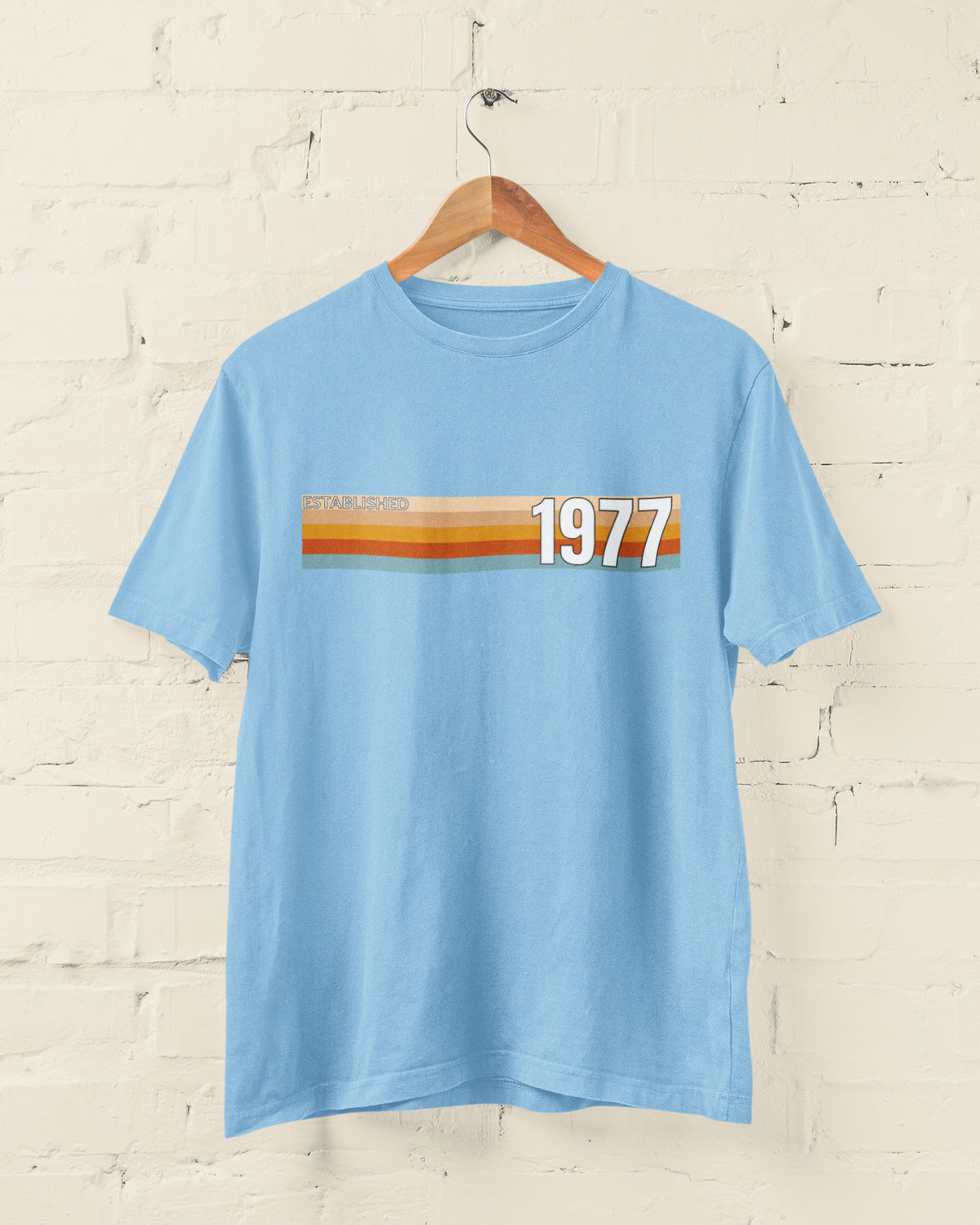 Sky Blue Established 1977 retro stripe T-shirt – 50th birthday gift for 2027