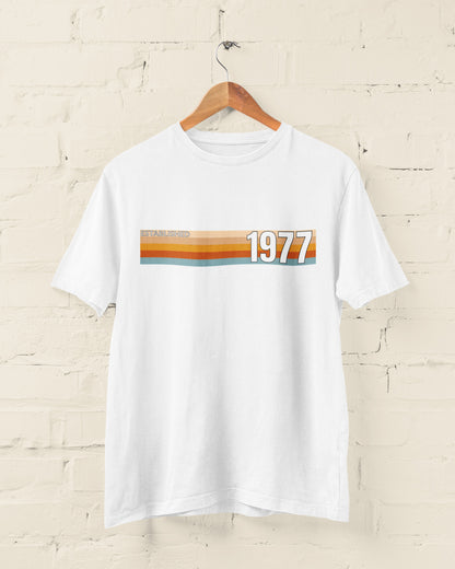White Established 1977 retro stripe T-shirt – 50th birthday gift for 2027
