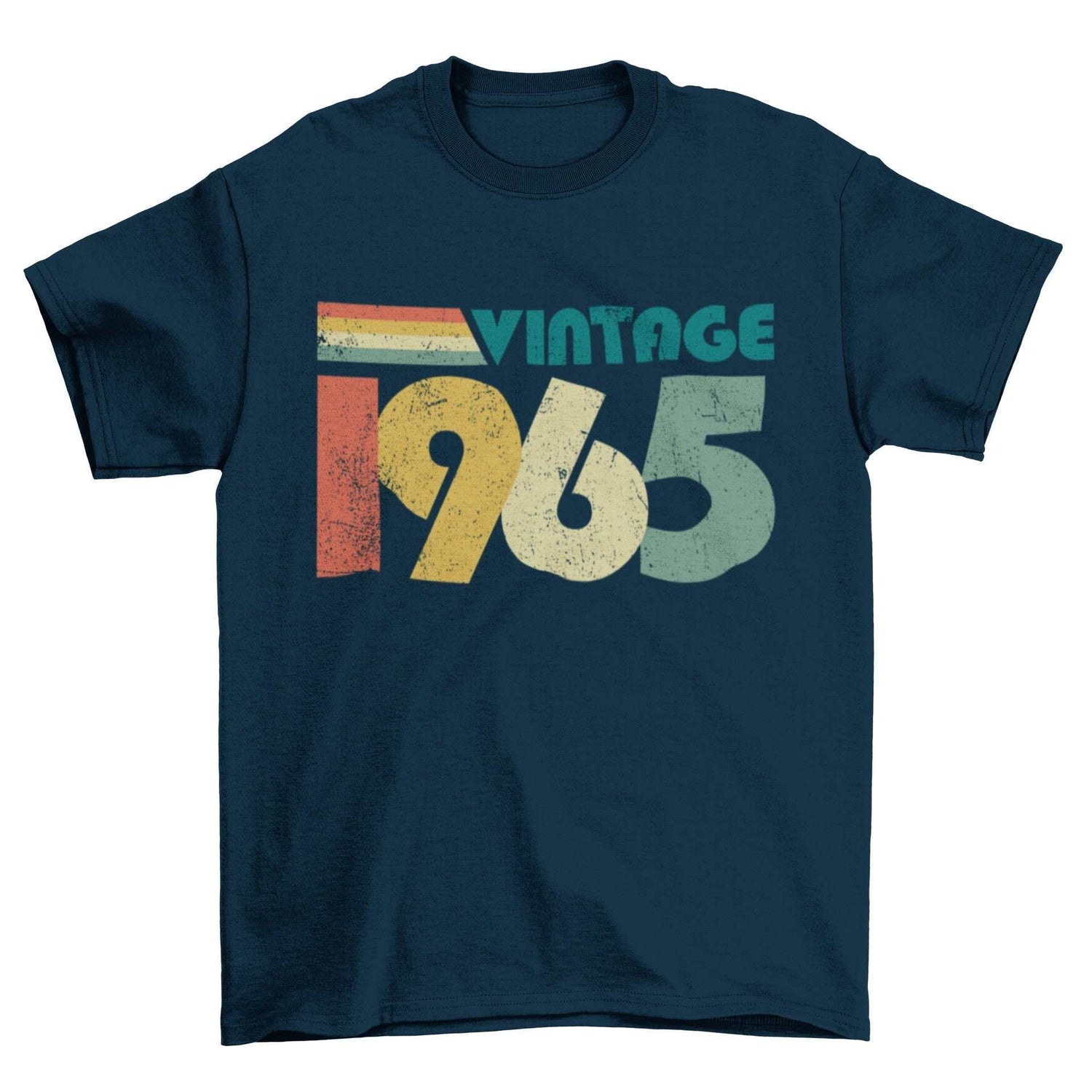 Vintage 1965 retro style t-shirt design, ideal 60th birthday gift idea for 2025, featuring bold retro colors.