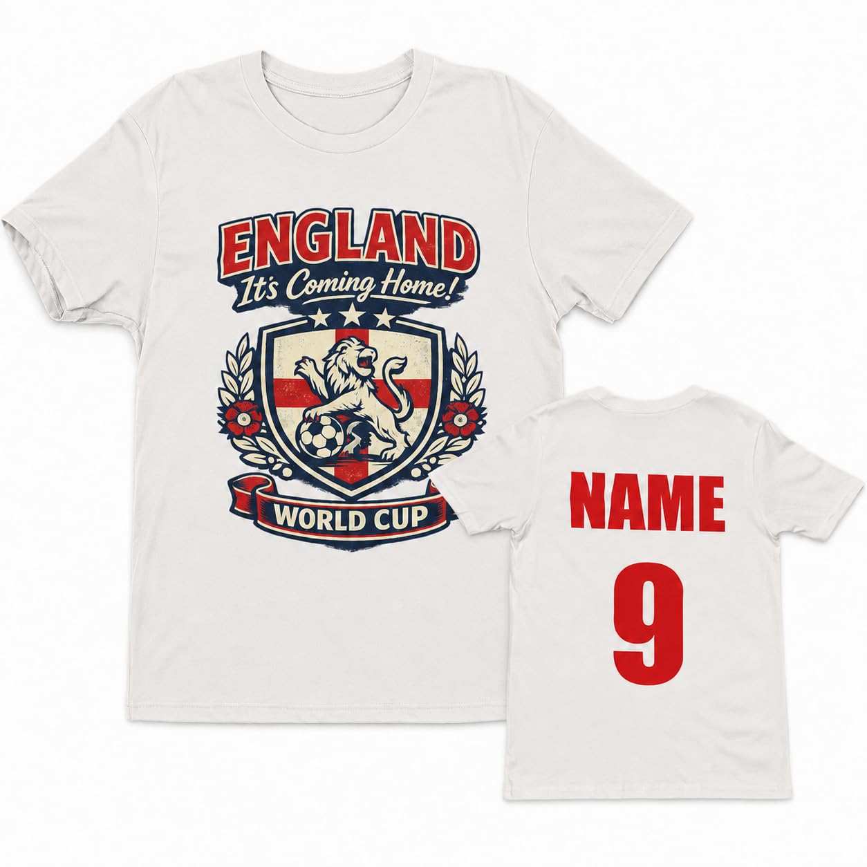 Personalised England World Cup T-Shirt, Custom Name & Number Back Print, Adult Unisex Football Fan Shirt, White Black Gift - Galaxy Tees