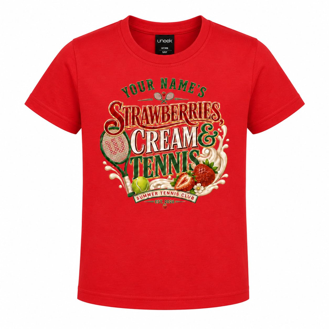 Galaxy Tees Kids' Personalised Strawberries Cream & Tennis T-Shirt