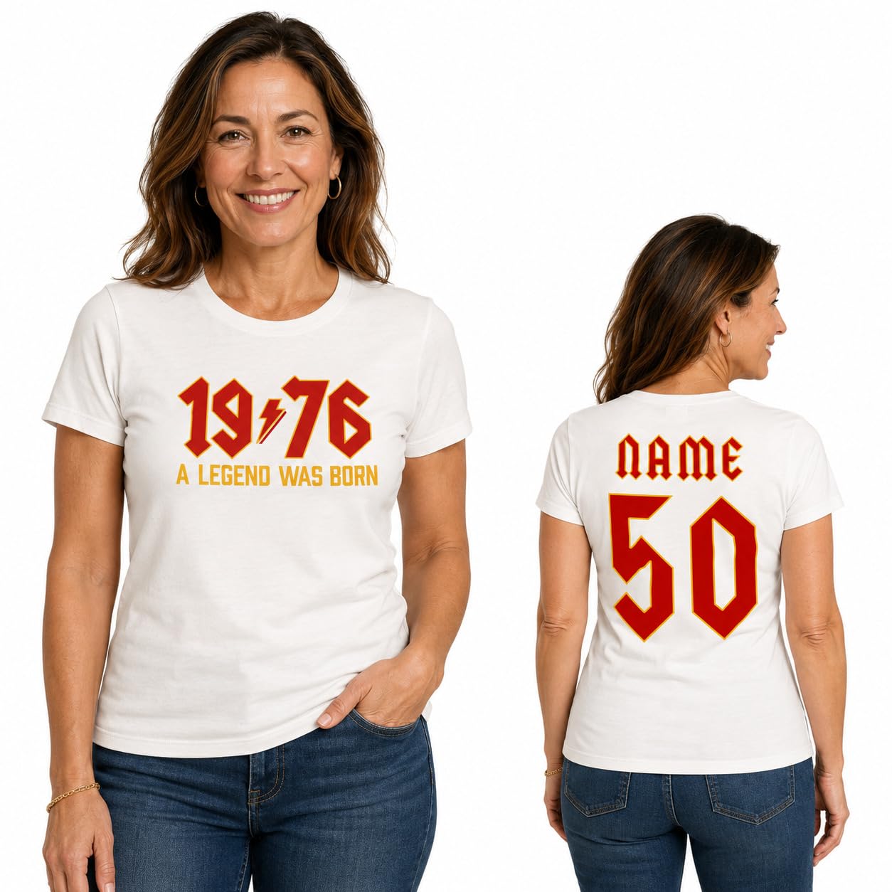 Women's Personalised 50th Birthday T-Shirt 2026 Vintage 1976 Rock Style Custom Name Back Print Ladies Gift T-Shirt - Galaxy Tees