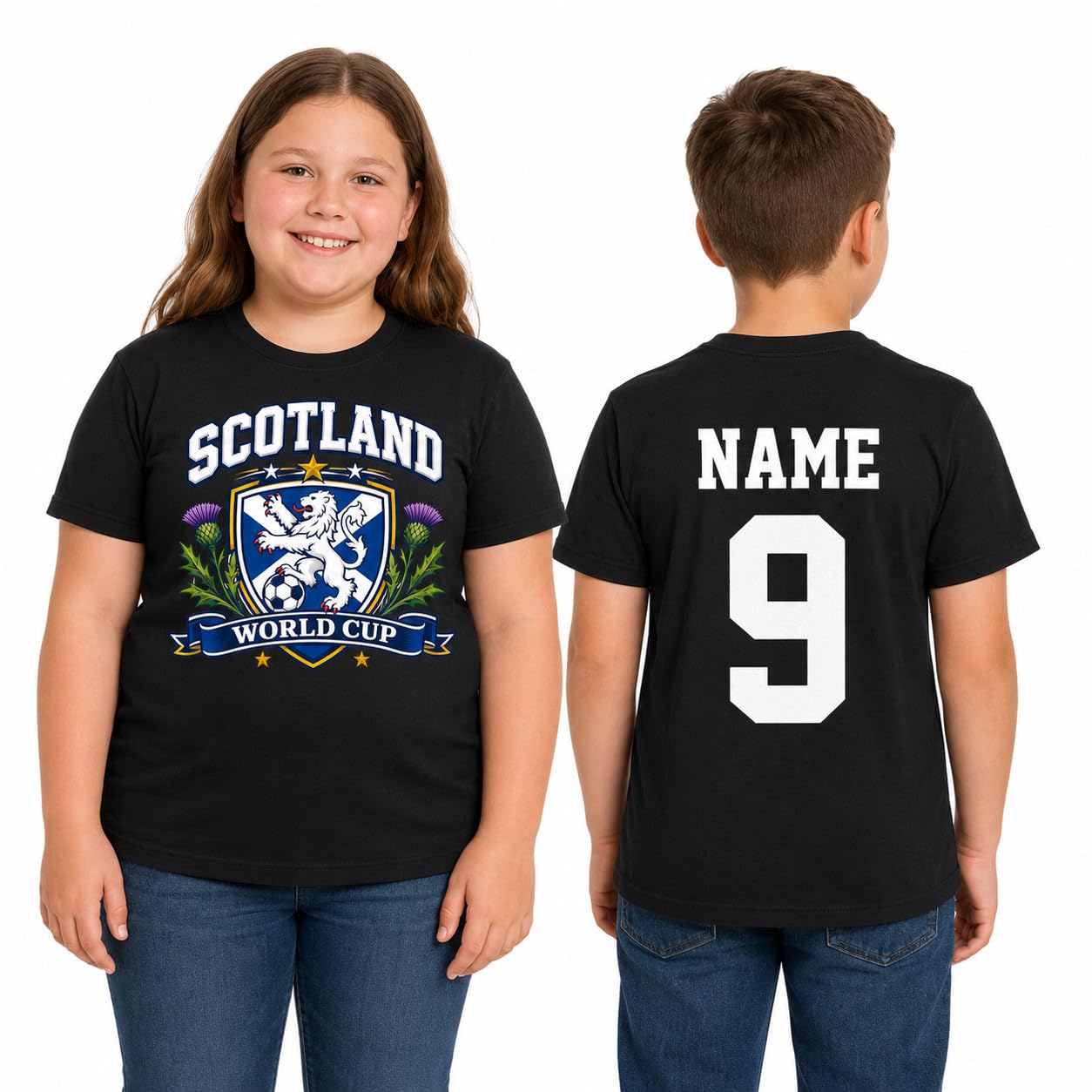 Kids Personalised Scotland Saltire Thistle World Cup T-Shirt Custom Name Number Boys Girls Football Fan T-Shirt Gift - Galaxy Tees
