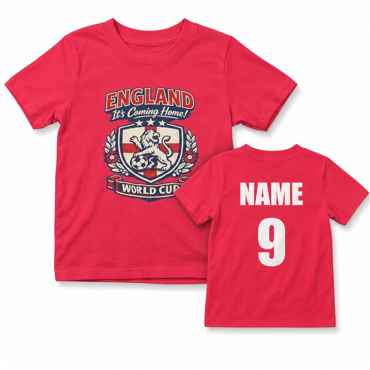 Kids Personalised England Football Fan T-Shirt, Custom Name & Number Back Print, Boys Girls World Cup Match Day Gift - Galaxy Tees