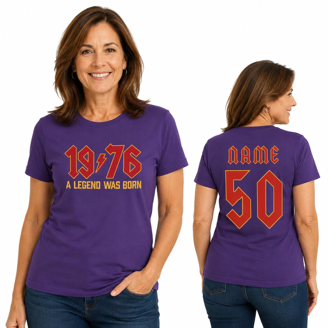 Women's Personalised 50th Birthday T-Shirt 2026 Vintage 1976 Rock Style Custom Name Back Print Ladies Gift T-Shirt - Galaxy Tees