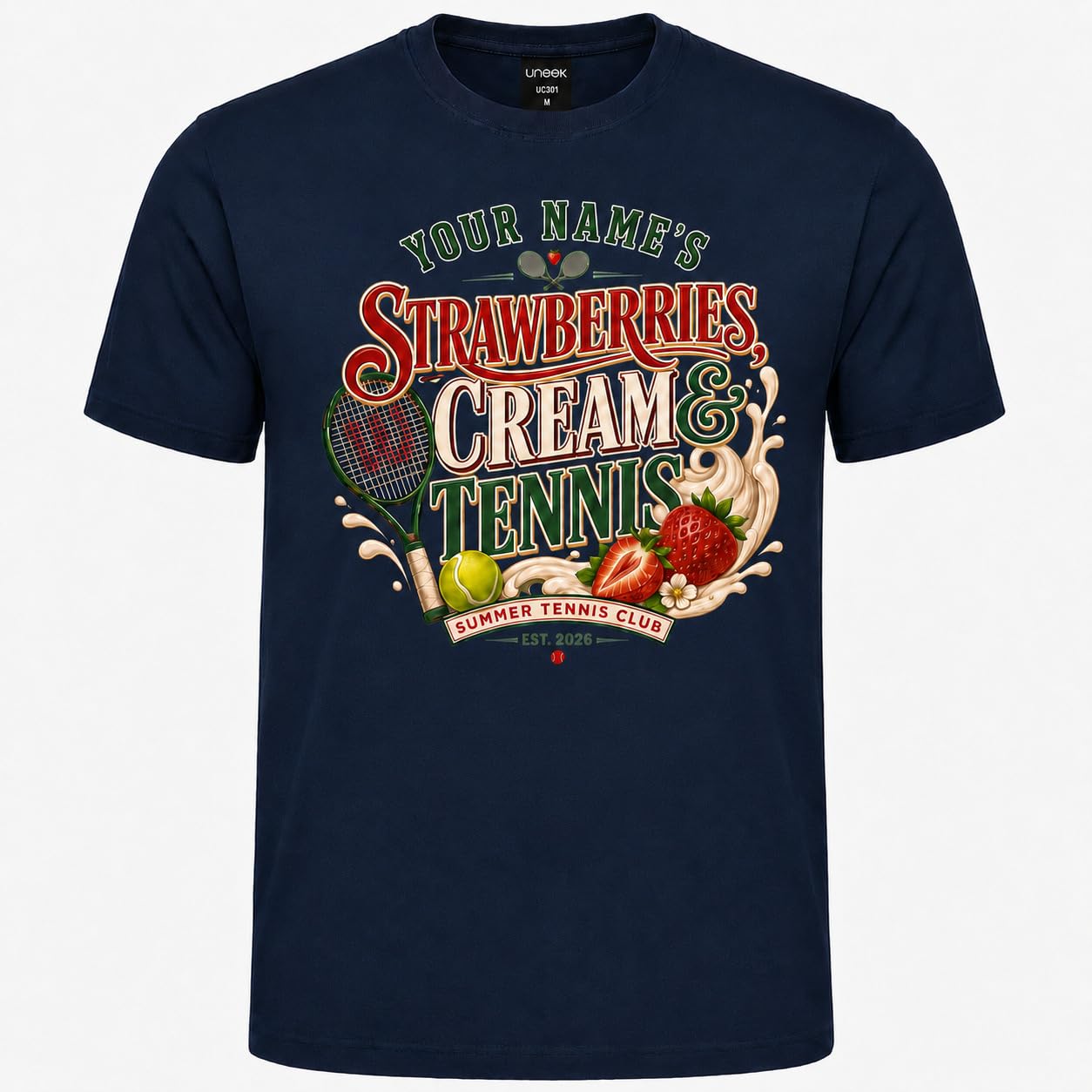 Galaxy Tees Personalised Strawberries Cream & Tennis T-Shirt Summer Sports Gift - Galaxy Tees