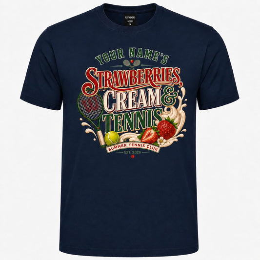 Galaxy Tees Personalised Strawberries Cream & Tennis T-Shirt Summer Sports Gift - Galaxy Tees