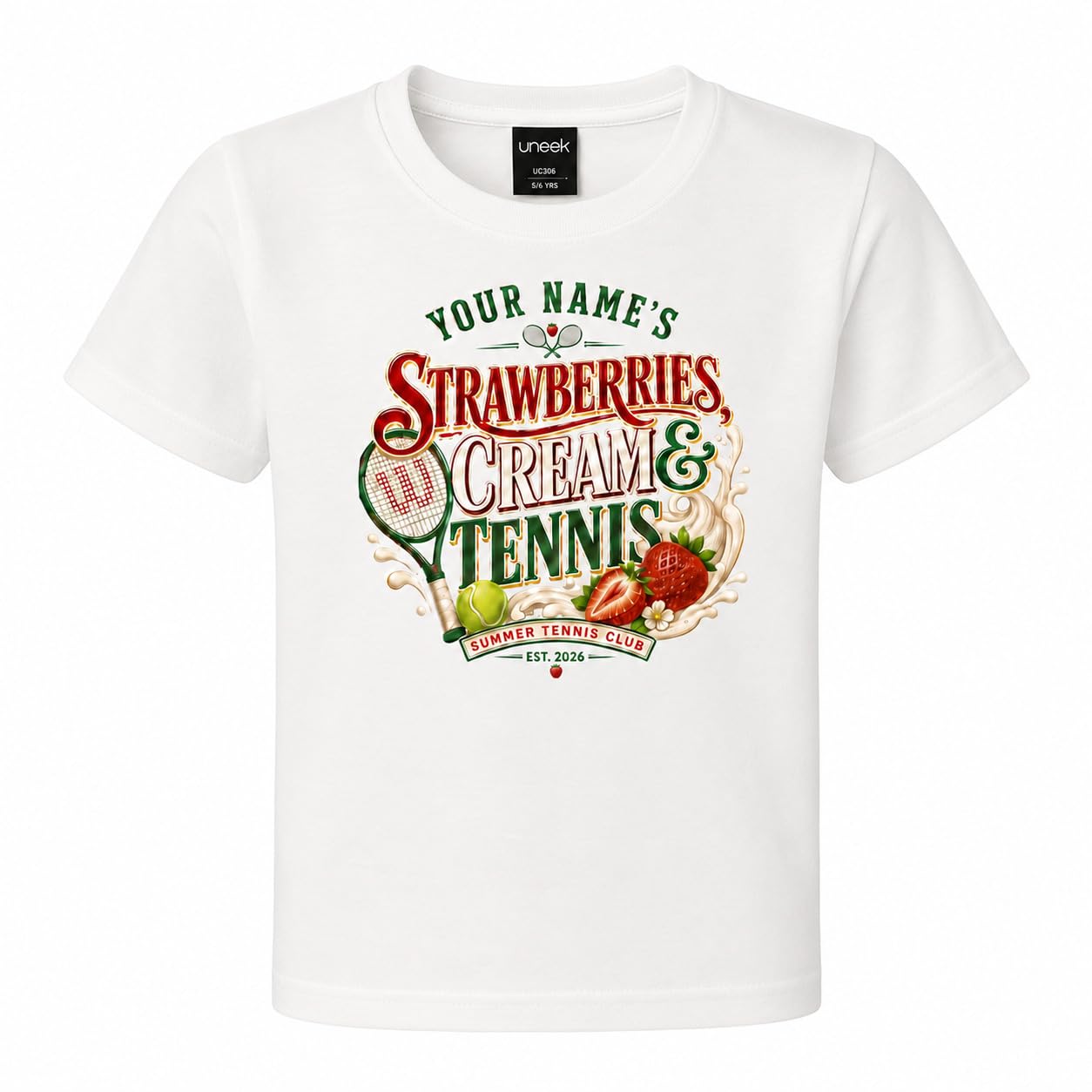 Galaxy Tees Kids' Personalised Strawberries Cream & Tennis T-Shirt - Galaxy Tees