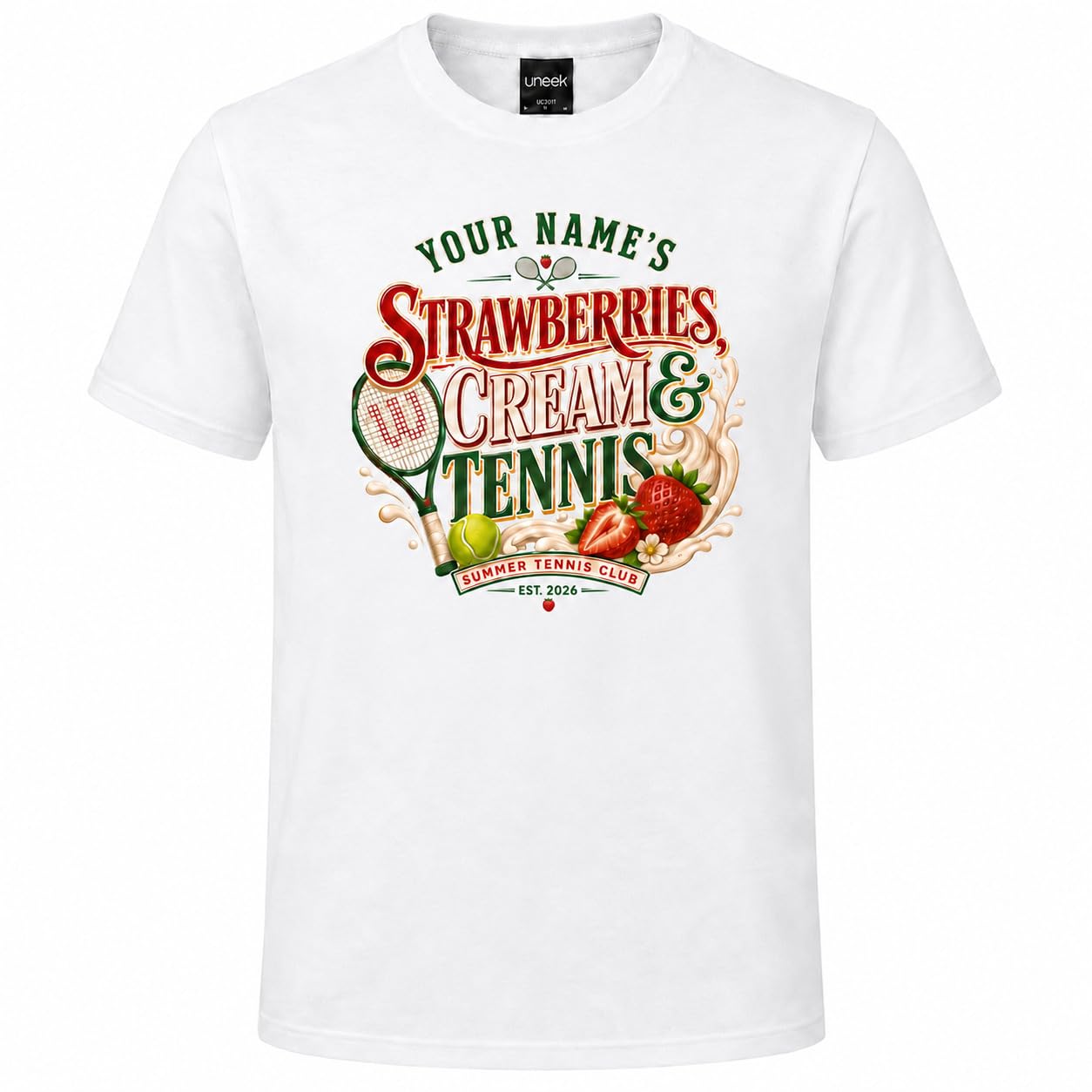 Galaxy Tees Personalised Strawberries Cream & Tennis T-Shirt Summer Sports Gift - Galaxy Tees