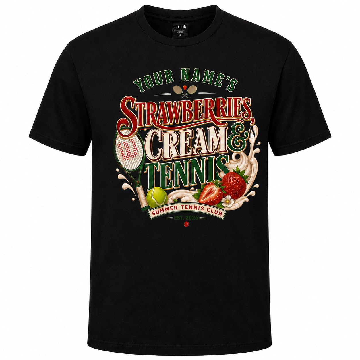 Galaxy Tees Personalised Strawberries Cream & Tennis T-Shirt Summer Sports Gift - Galaxy Tees