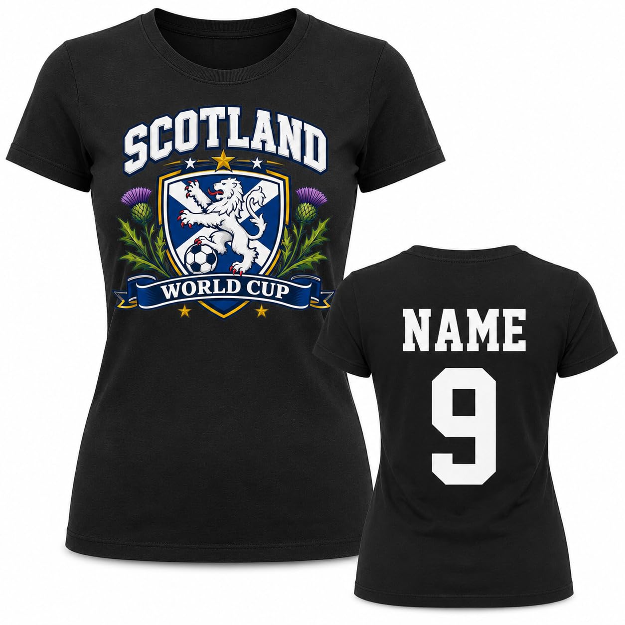 Women’s Personalised Scotland Saltire Thistle World Cup T-Shirt Custom Name Number Ladies Football Fan T-Shirt Gift - Galaxy Tees