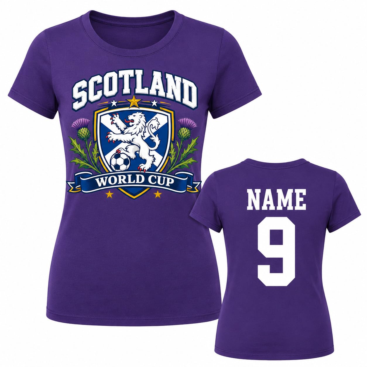 Women’s Personalised Scotland Saltire Thistle World Cup T-Shirt Custom Name Number Ladies Football Fan T-Shirt Gift - Galaxy Tees