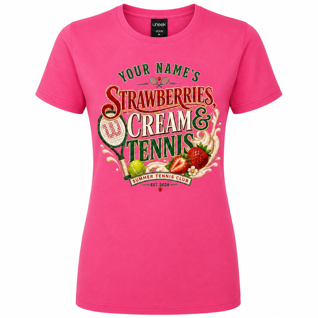 Galaxy Tees Women's Personalised Strawberries Cream & Tennis T-Shirt - Galaxy Tees