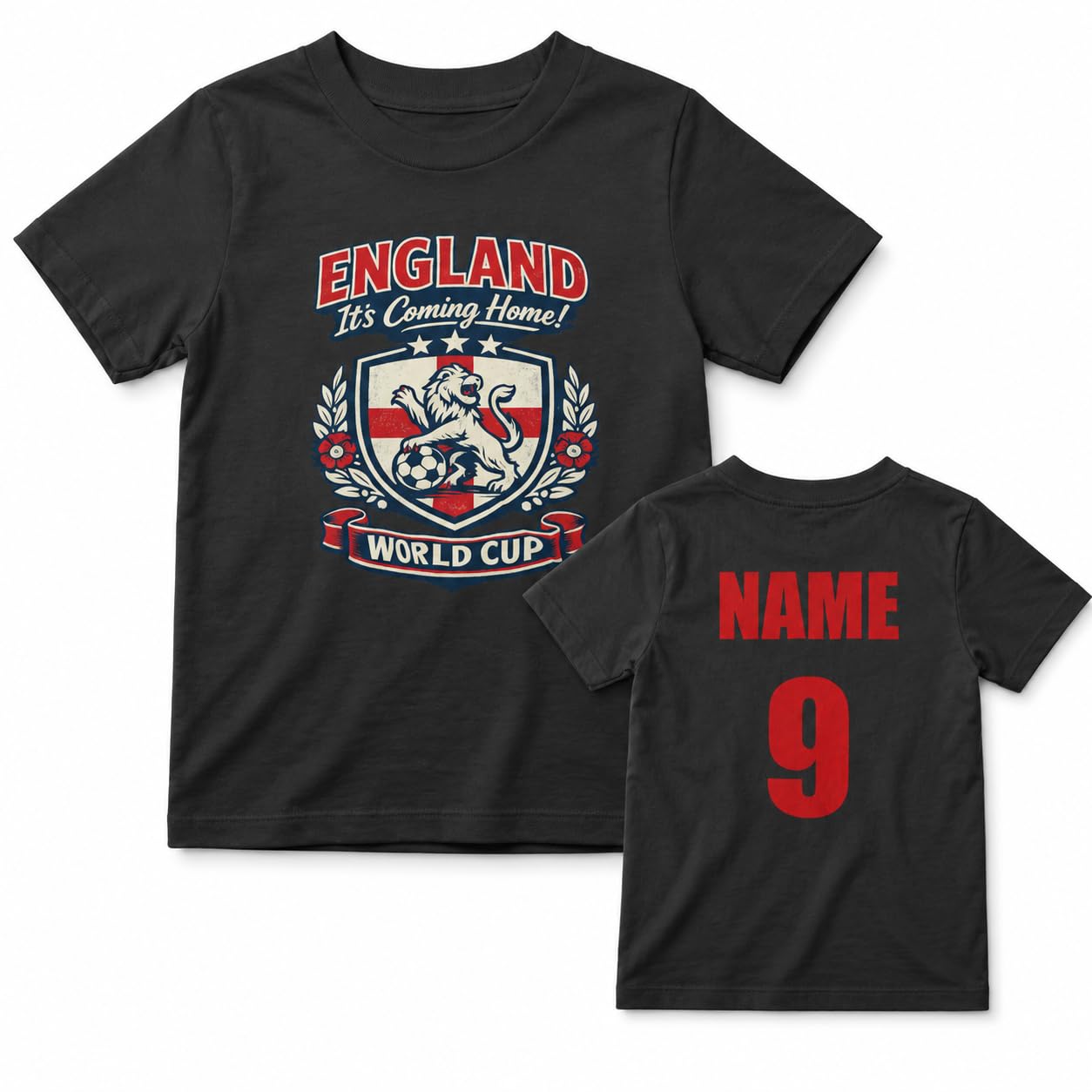 Kids Personalised England Football Fan T-Shirt, Custom Name & Number Back Print, Boys Girls World Cup Match Day Gift - Galaxy Tees