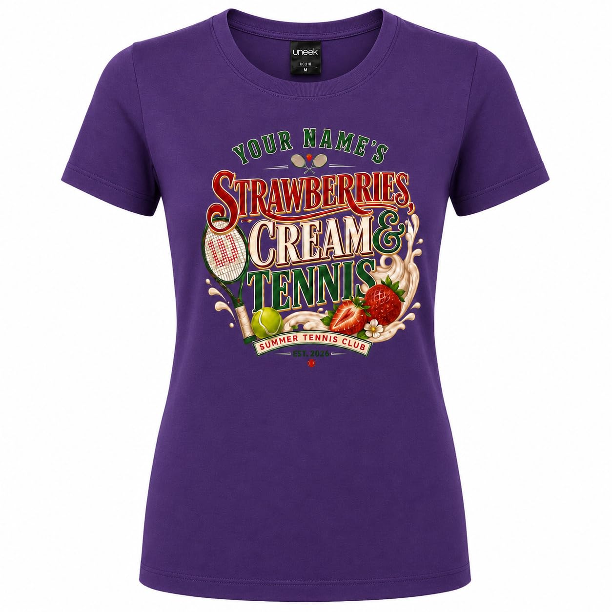 Galaxy Tees Women's Personalised Strawberries Cream & Tennis T-Shirt - Galaxy Tees