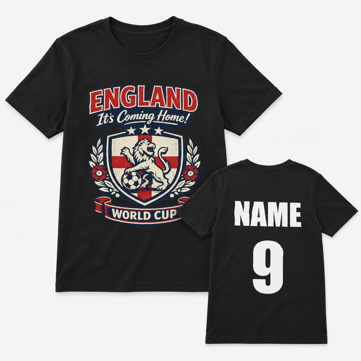 Personalised England World Cup T-Shirt, Custom Name & Number Back Print, Adult Unisex Football Fan Shirt, White Black Gift - Galaxy Tees