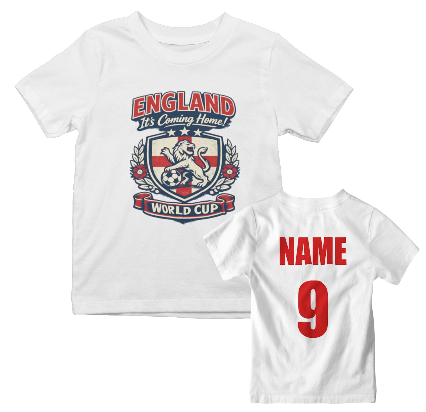 Kids Personalised England Football Fan T-Shirt, Custom Name & Number Back Print, Boys Girls World Cup Match Day Gift - Galaxy Tees