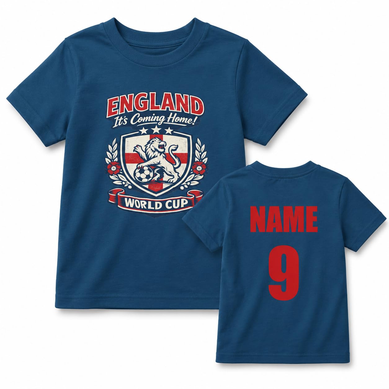 Kids Personalised England Football Fan T-Shirt, Custom Name & Number Back Print, Boys Girls World Cup Match Day Gift - Galaxy Tees