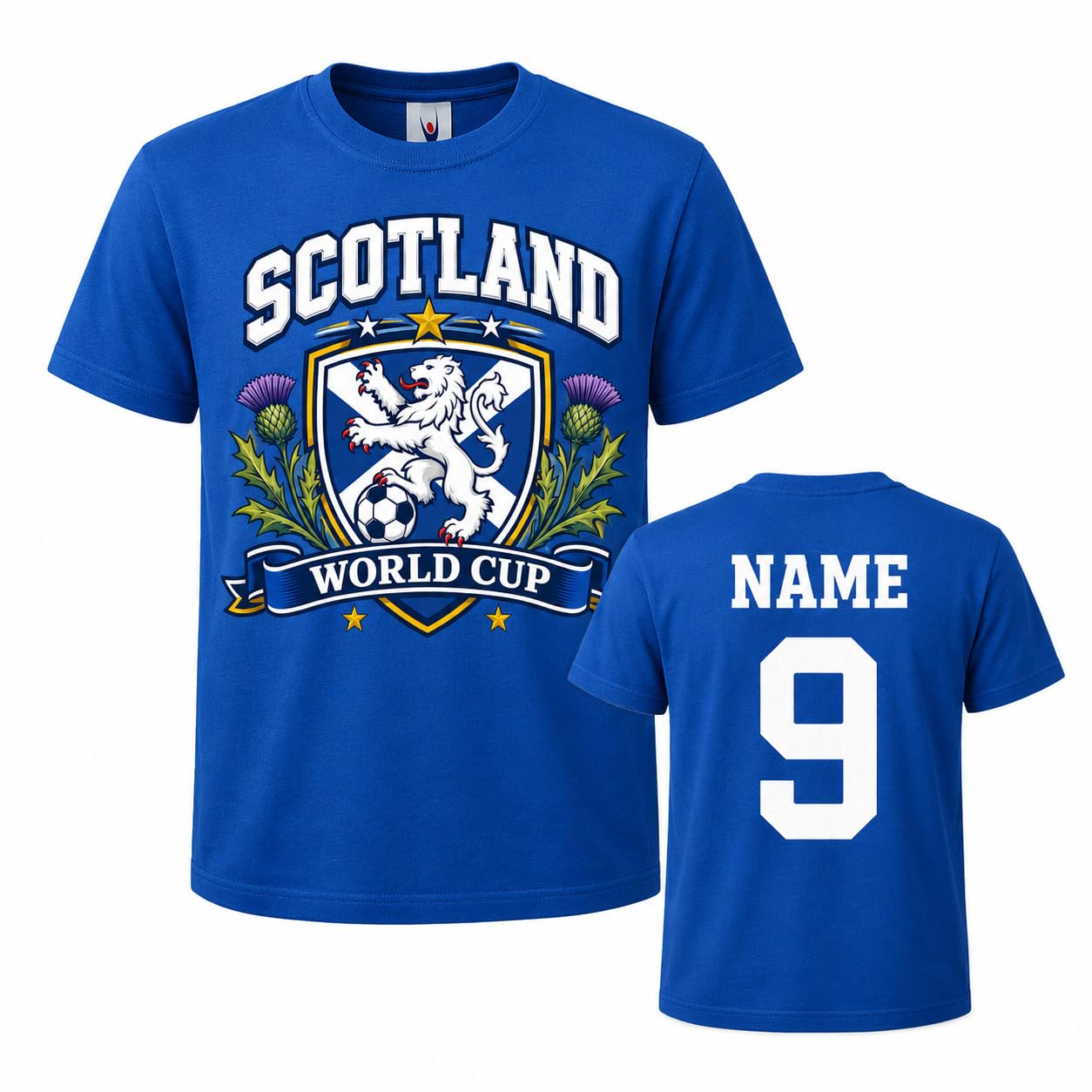 Kids Personalised Scotland Saltire Thistle World Cup T-Shirt Custom Name Number Boys Girls Football Fan T-Shirt Gift - Galaxy Tees