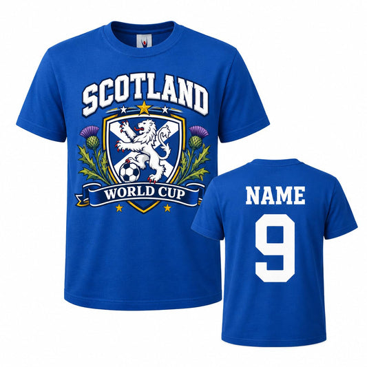 Kids Personalised Scotland Saltire Thistle World Cup T-Shirt Custom Name Number Boys Girls Football Fan T-Shirt Gift - Galaxy Tees
