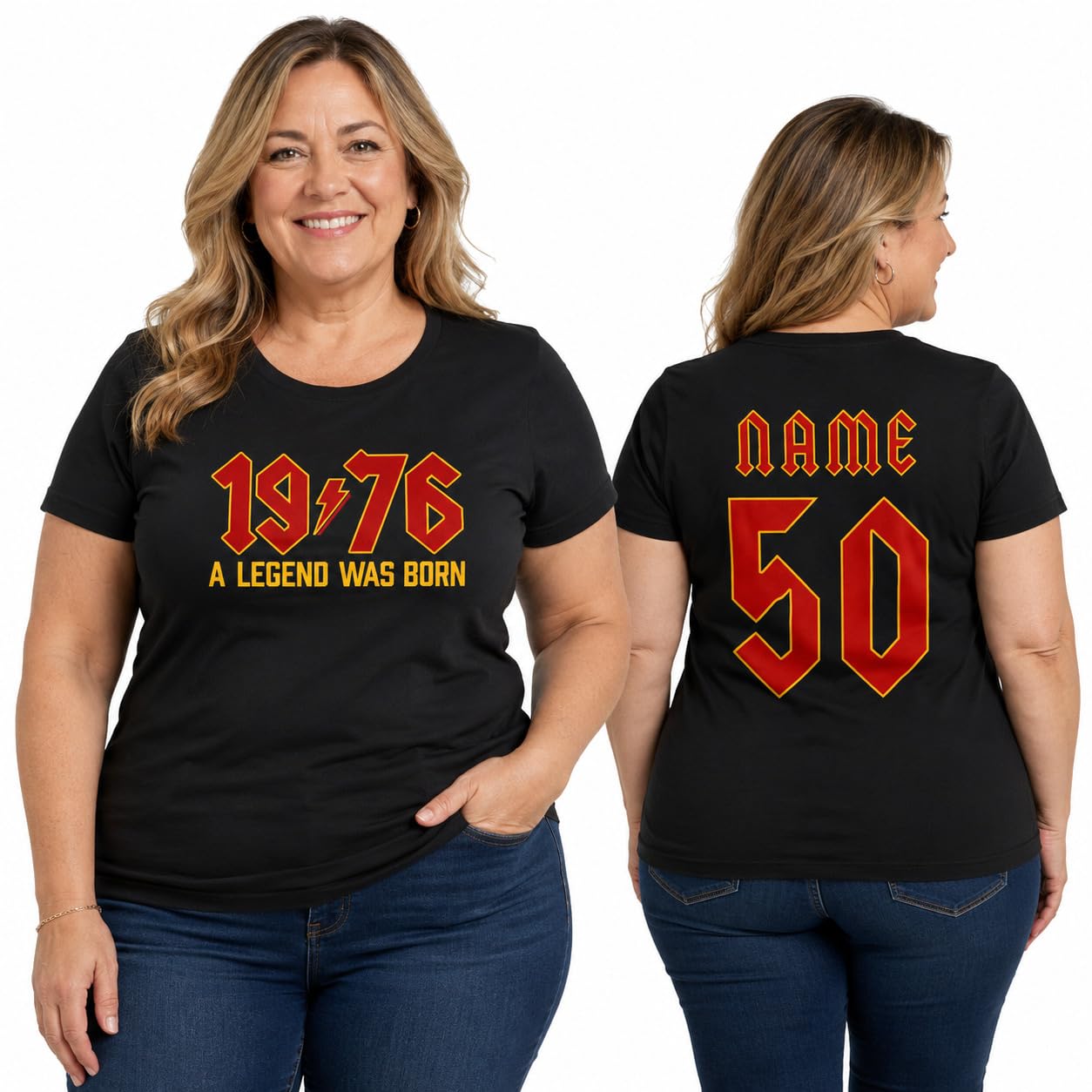 Women's Personalised 50th Birthday T-Shirt 2026 Vintage 1976 Rock Style Custom Name Back Print Ladies Gift T-Shirt - Galaxy Tees
