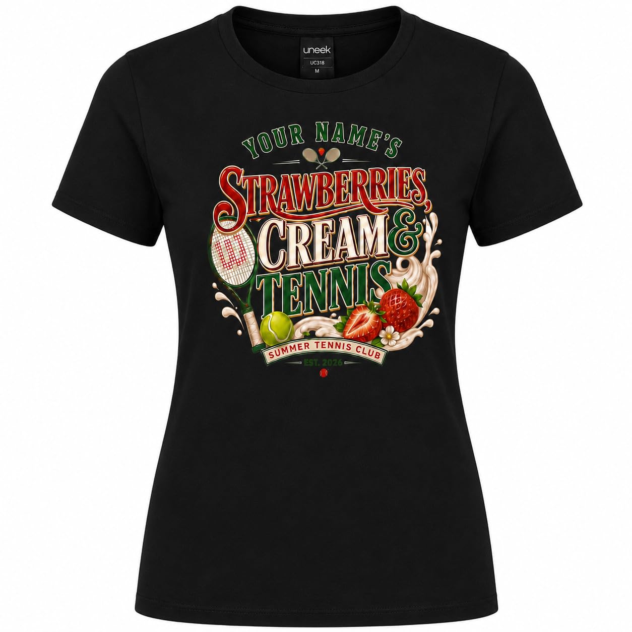 Galaxy Tees Women's Personalised Strawberries Cream & Tennis T-Shirt - Galaxy Tees