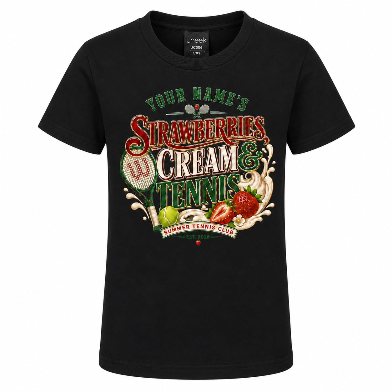 Galaxy Tees Kids' Personalised Strawberries Cream & Tennis T-Shirt - Galaxy Tees