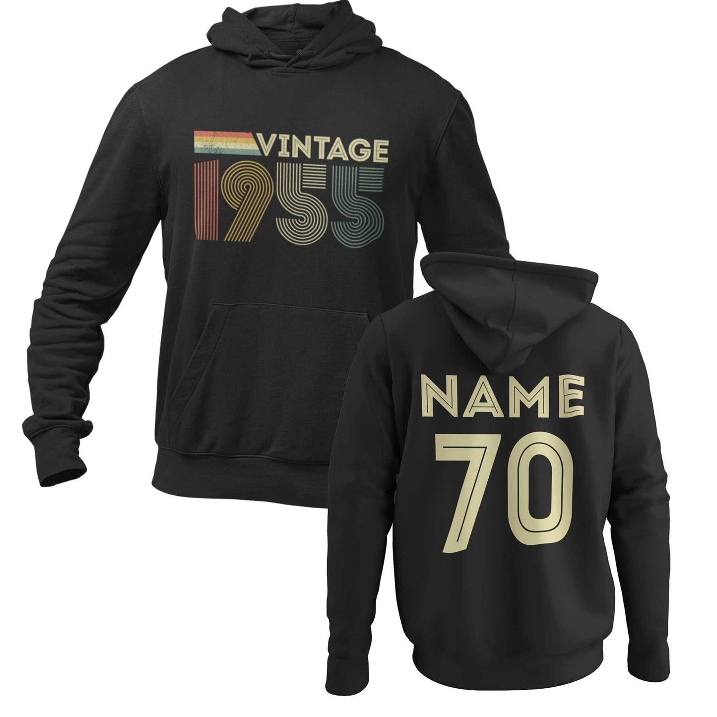 70th Birthday Personalised Vintage 1955 Hoodie Name & Age Back for 70tGalaxy Tees