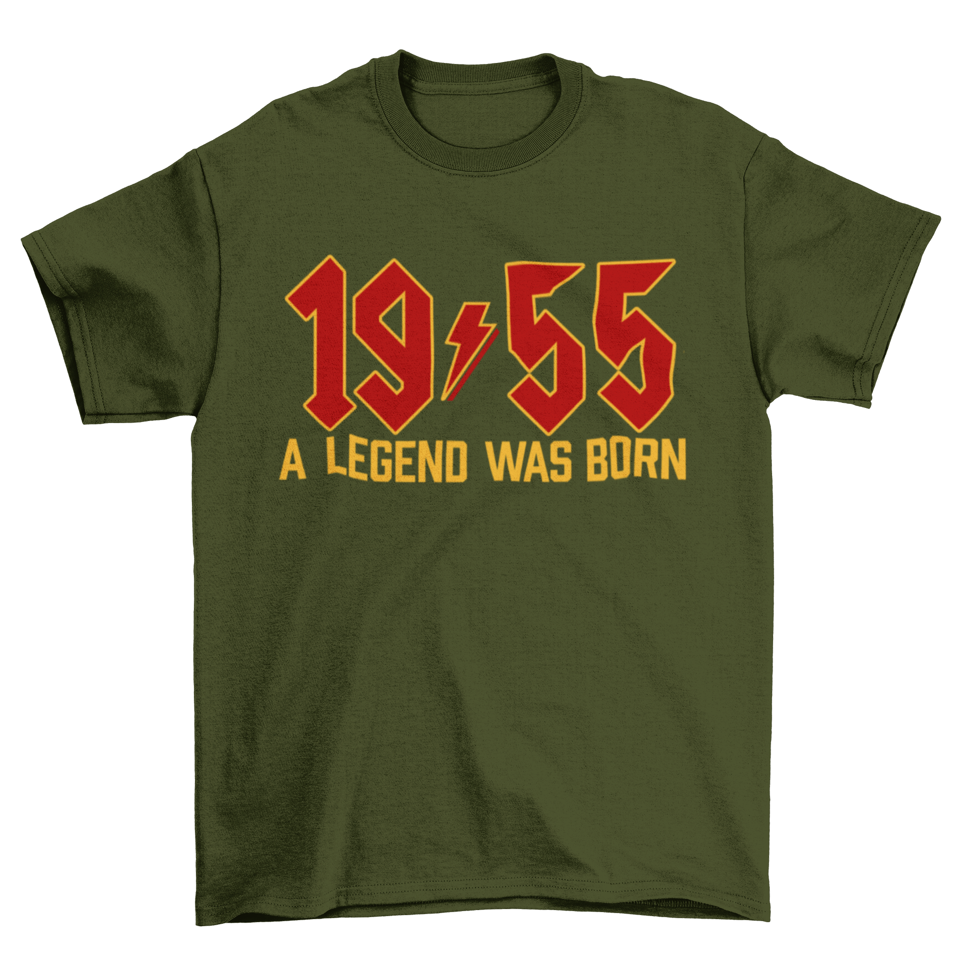 70th birthday t-shirt with "1955 A Legend Was Born" in retro heavy metal font on olive green background.
