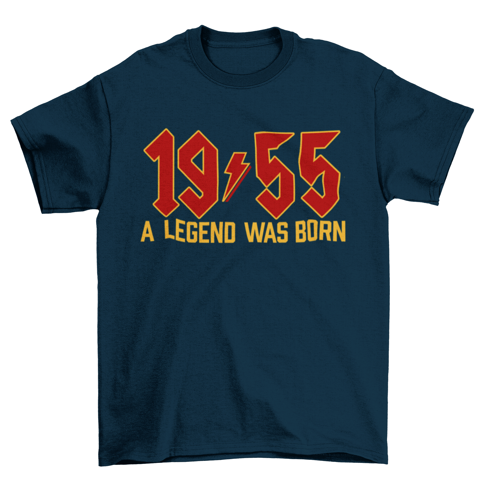 70th birthday t-shirt with "1955 A Legend Was Born" in retro heavy metal font on navy fabric.
