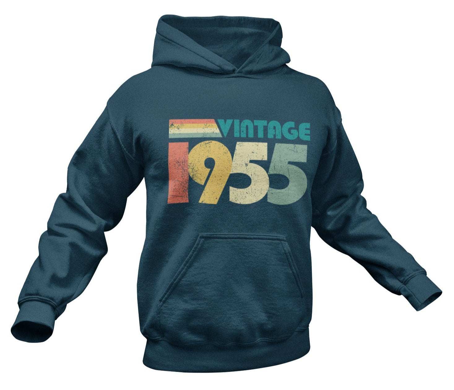 Vintage 1955 retro design hoodie for 70th birthday, navy color with bold print celebrating 1955.