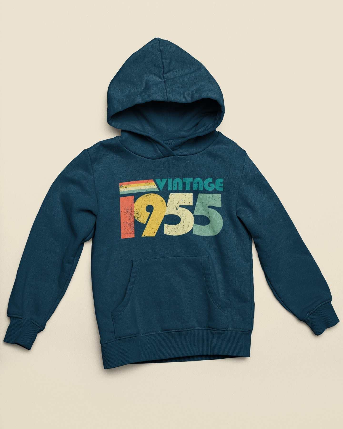 Vintage 1955 hoodie for 70th birthday, retro design on blue fabric.