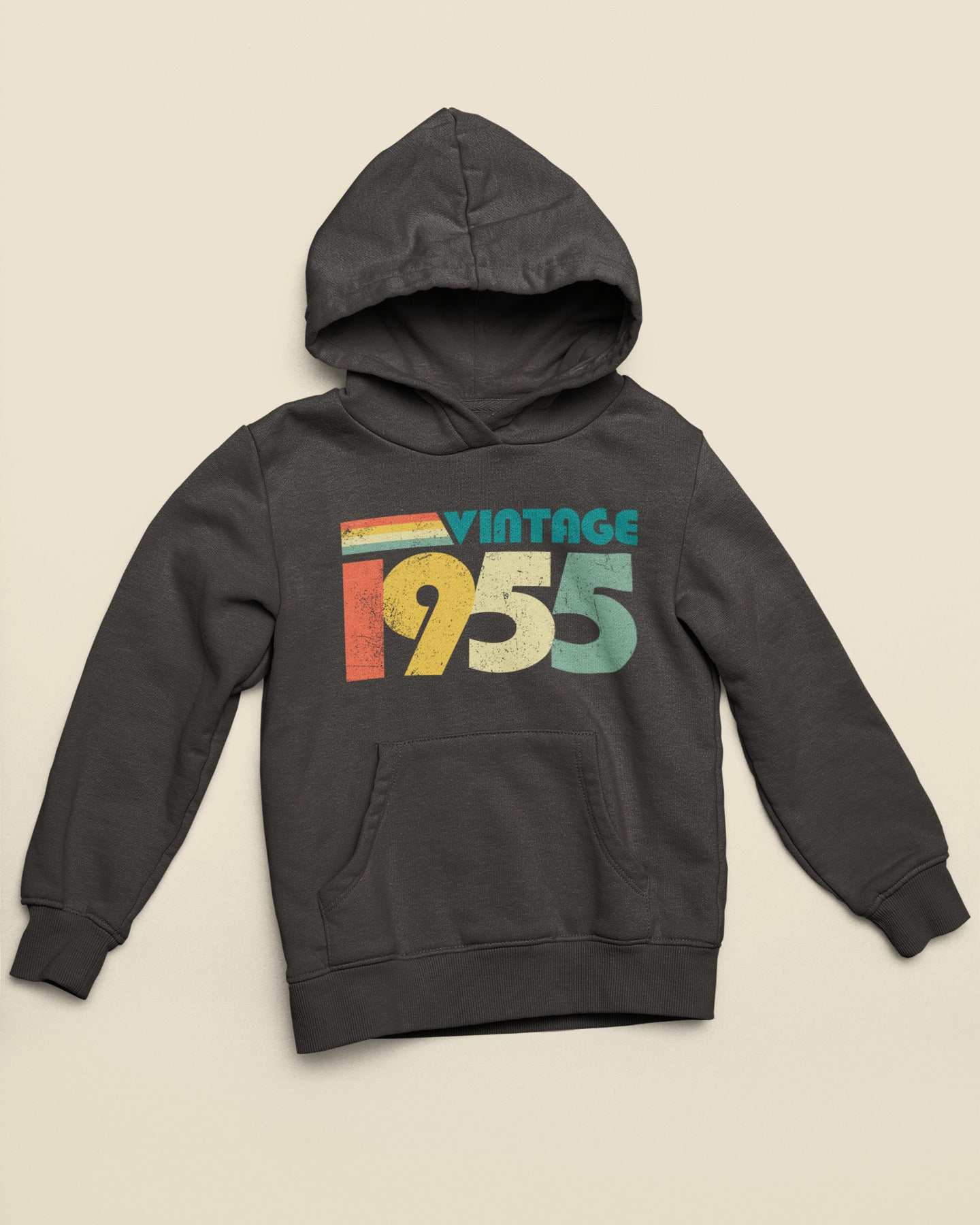 Vintage 1955 retro design hoodie for 70th birthday, featuring bold, nostalgic print for a unique 2025 gift idea.