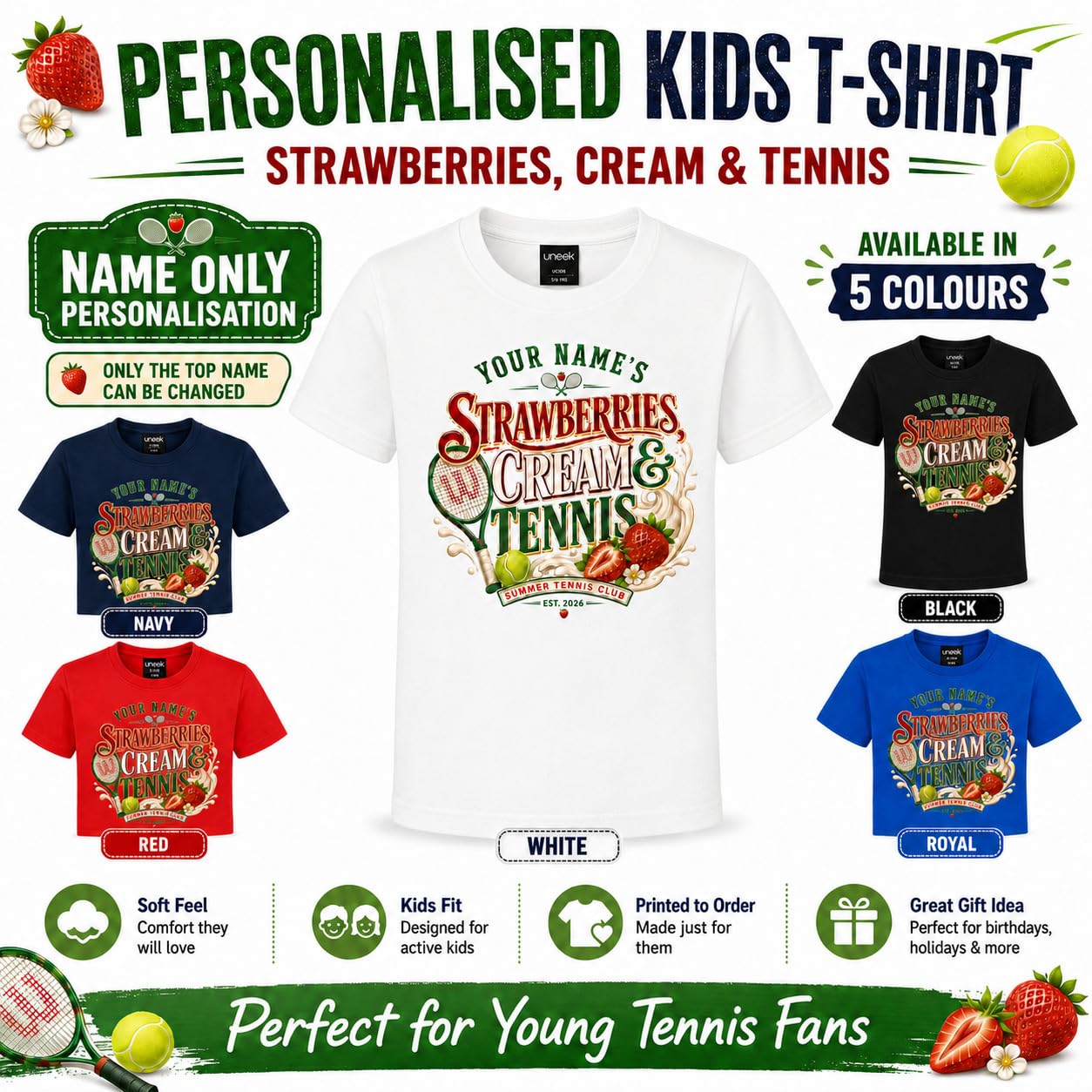 Galaxy Tees Kids' Personalised Strawberries Cream & Tennis T-Shirt - Galaxy Tees