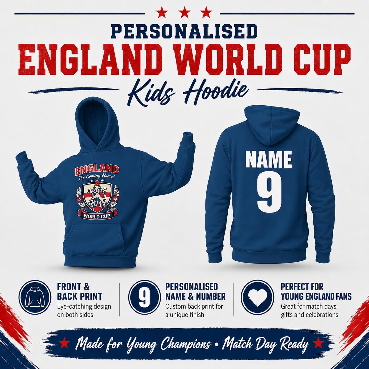 Personalised Galaxy Tees Kids England World Cup Hoodie, Custom Name & Number Back Print, Children’s Football Fan Pullover Top Gift - Galaxy Tees