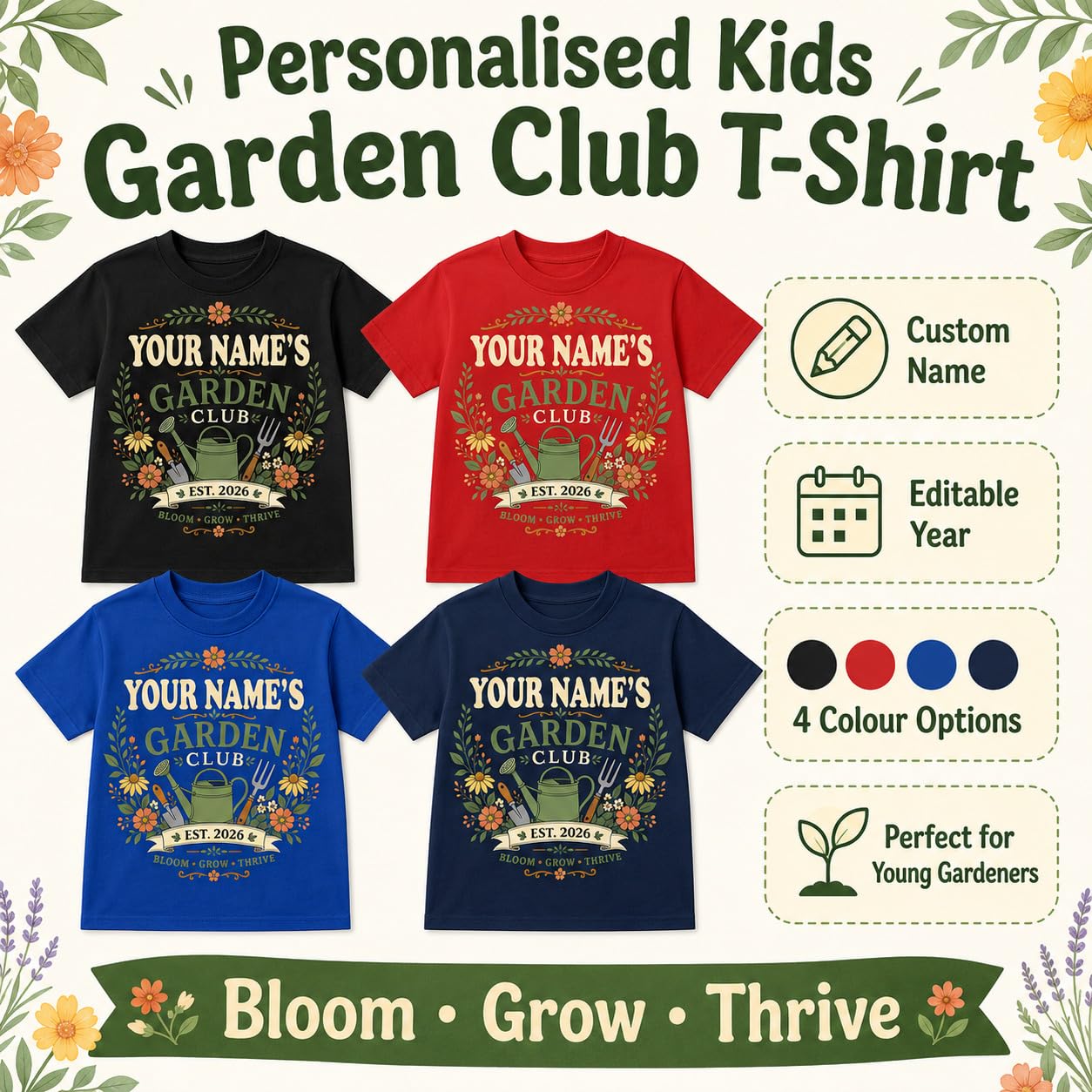 Kids Personalised Garden Club T-Shirt Custom Name Year Gardening Gift Boys Girls Little Gardener T-Shirt - Galaxy Tees