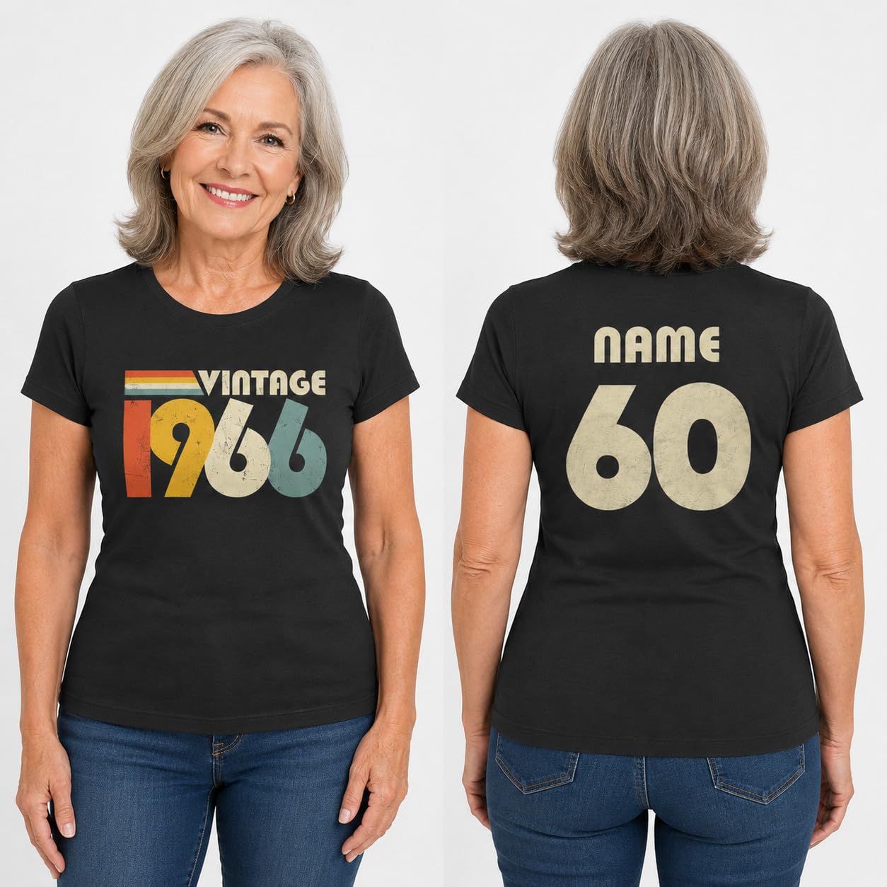 Personalised Vintage 1966 Women’s T-Shirt, 60th Birthday T-Shirt with Name on Back, Retro Born in 1966 Gift for Mum Nan Wife - Galaxy Tees