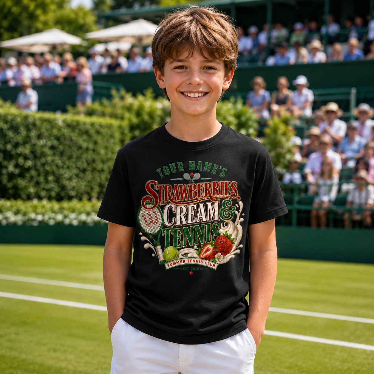 Galaxy Tees Kids' Personalised Strawberries Cream & Tennis T-Shirt - Galaxy Tees
