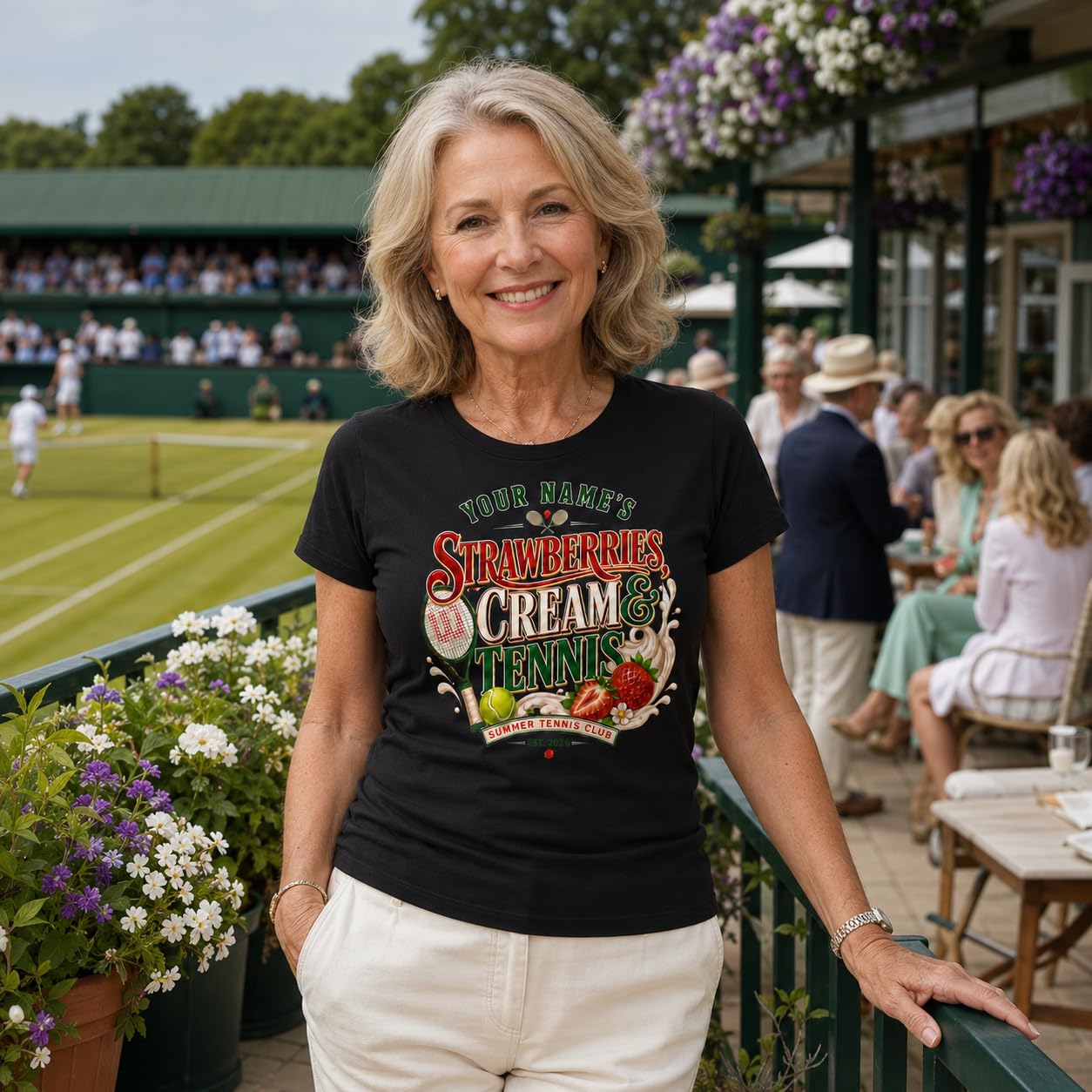 Galaxy Tees Women's Personalised Strawberries Cream & Tennis T-Shirt - Galaxy Tees